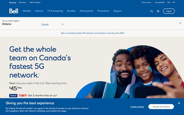 Homepage screenshot of Bell Canada