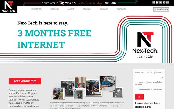 Homepage screenshot of Rural Telephone Service Company Inc dba Nex-Tech