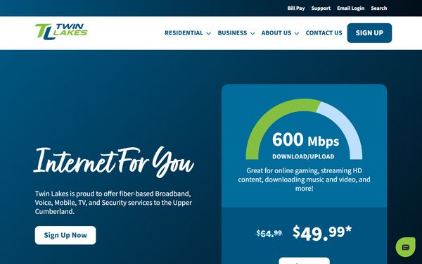 Homepage screenshot of Twin Lakes Communications Inc - TN